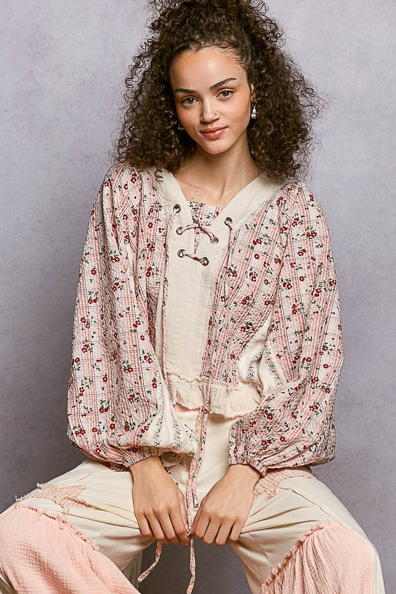 Beige/Peach Multi Color V Neck Balloon Sleeve Top