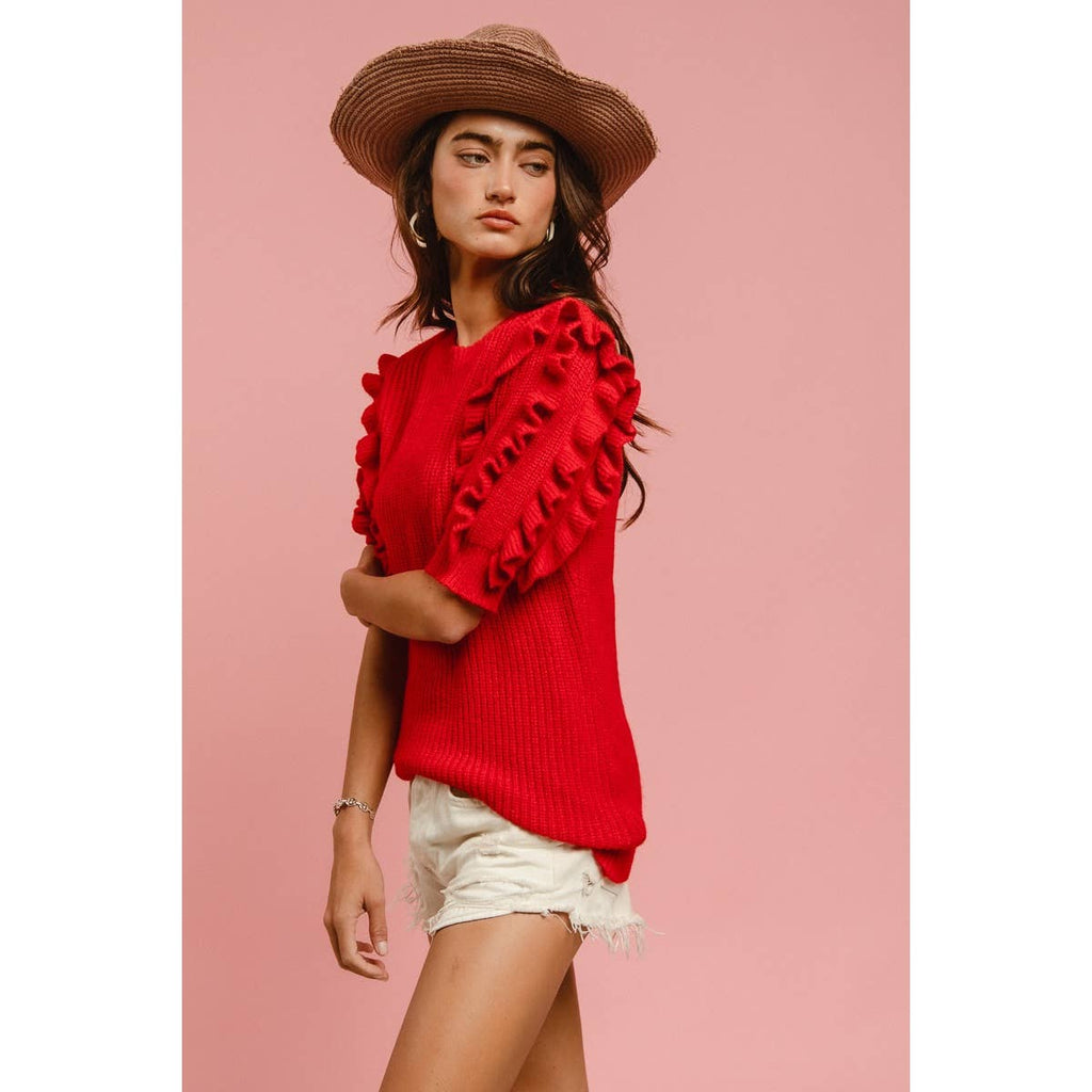SOLID KNIT RUFFLED SLEEVES TOP
