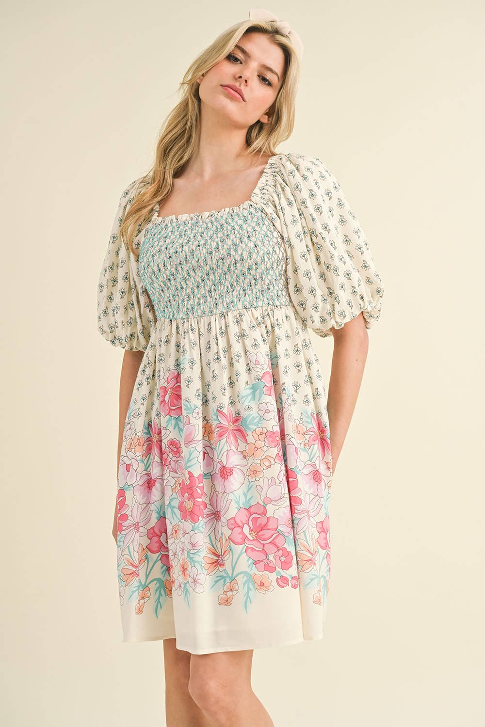 Pink/Peach Floral Smocked Knee Length Dress with Puff Sleeves
