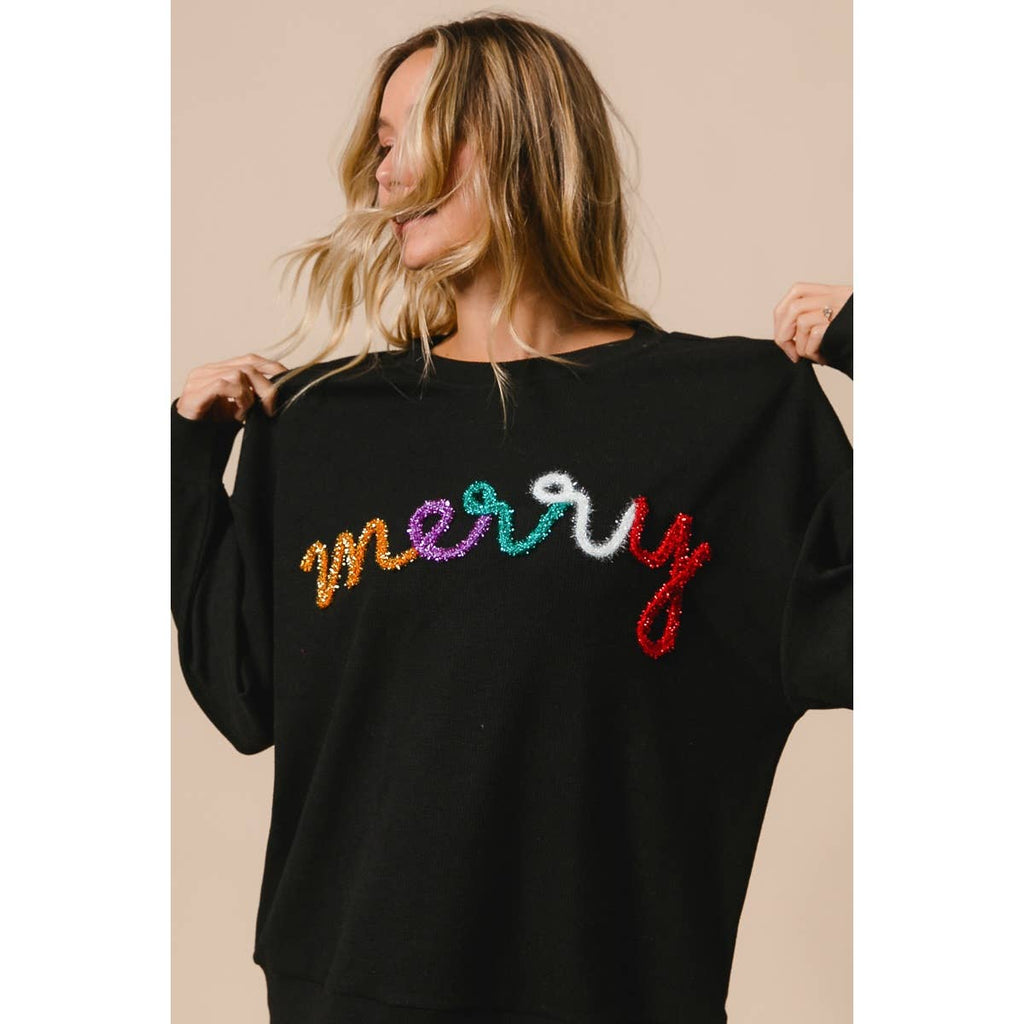 MERRY TINSEL LETTERING TWO TONE RIB PULLOVER