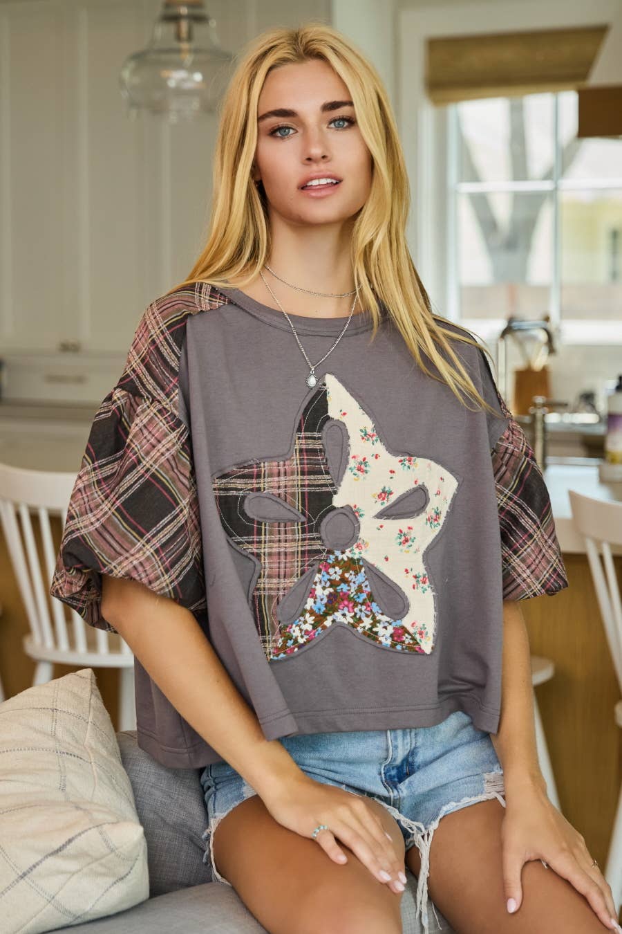 Plus Print Mixed Fabric French Terry Top