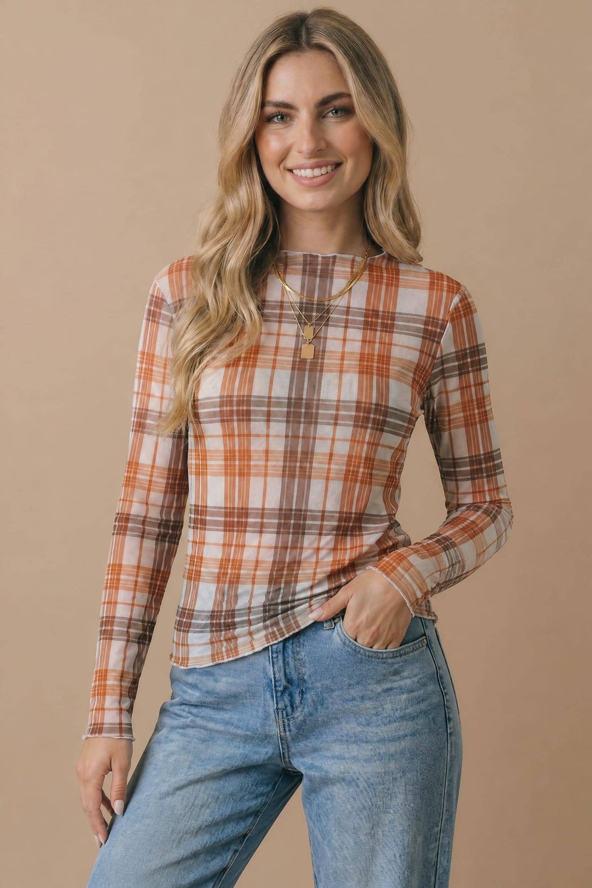 Plus Plaid Mesh Semi Sheer Top