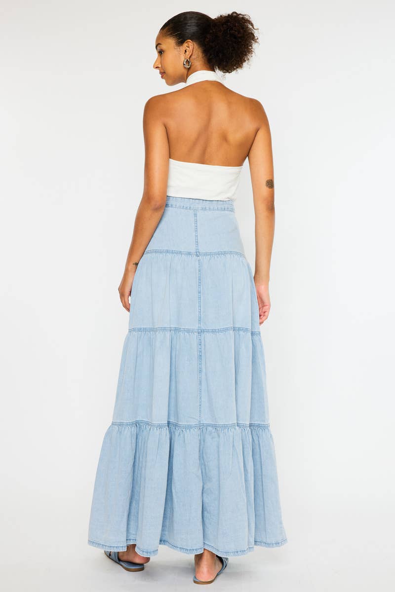Light Wash Tiered Maxi Skirt - Kan Can