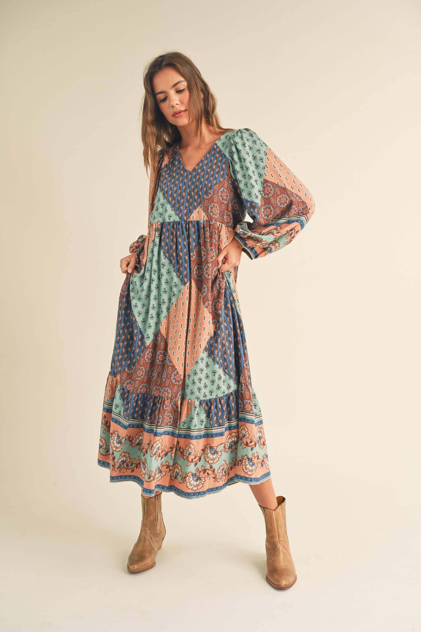 Rust Multi Color Printed Balloon Sleeve Mid Length Dress