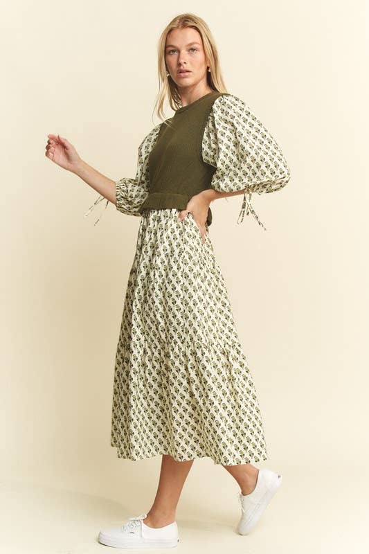 Floral Print Mixed Media Tiered Midi Dress