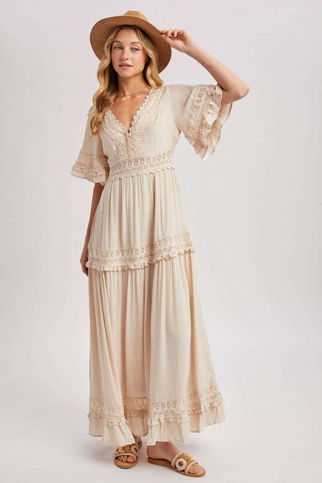 Lace V Neck Maxi Dress with Ruffle Sleeves (Olive & Ivory)