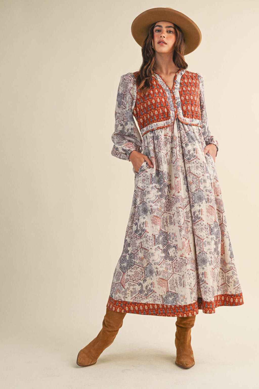 Mustard/Blue Quilted Vest Midi Length Dress