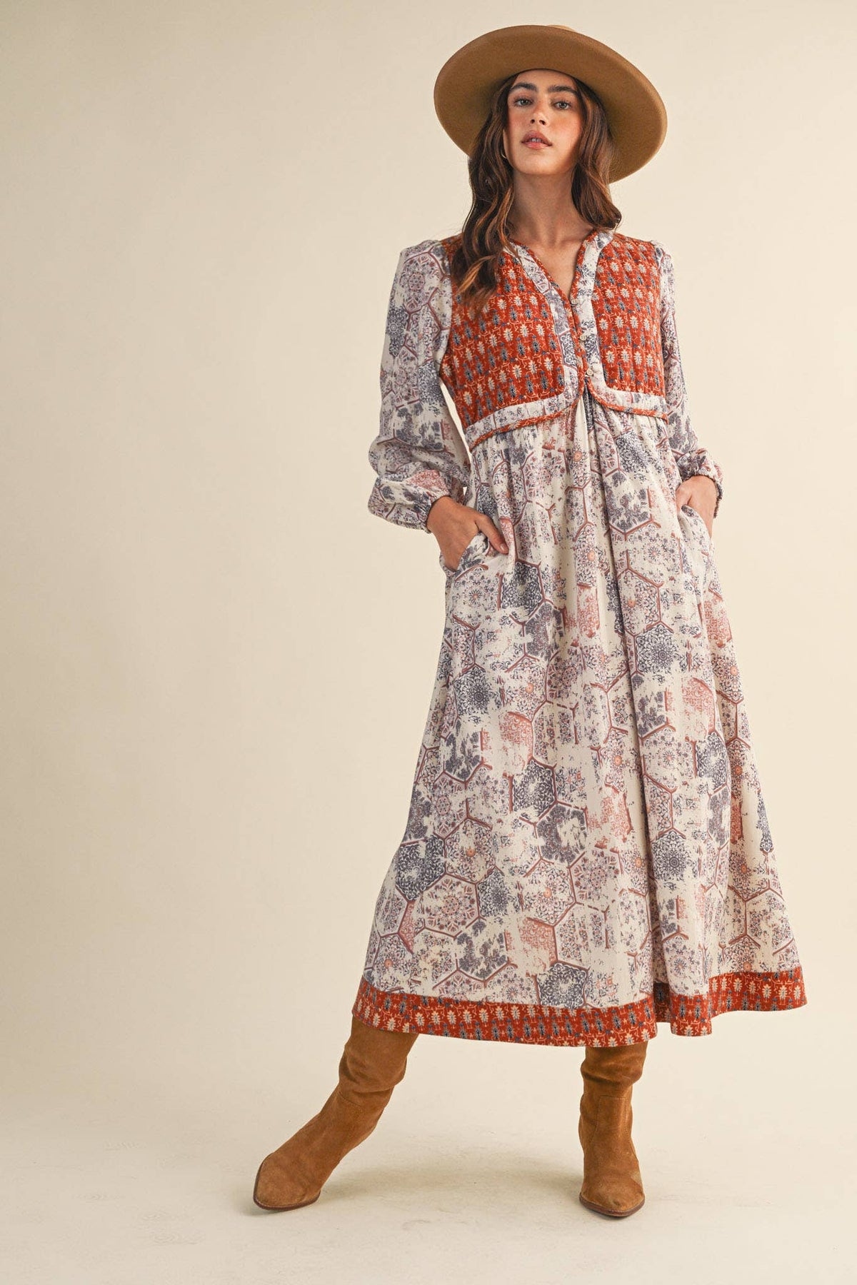 Mustard/Blue Quilted Vest Midi Length Dress
