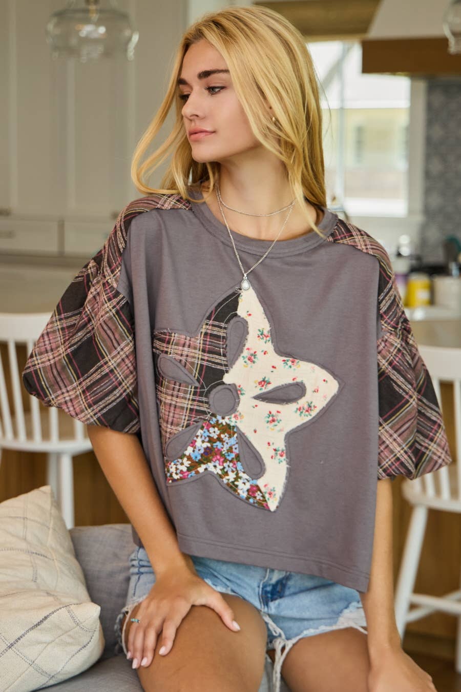 Plus Print Mixed Fabric French Terry Top