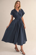 Navy Pleated Belt Mid Length Dress