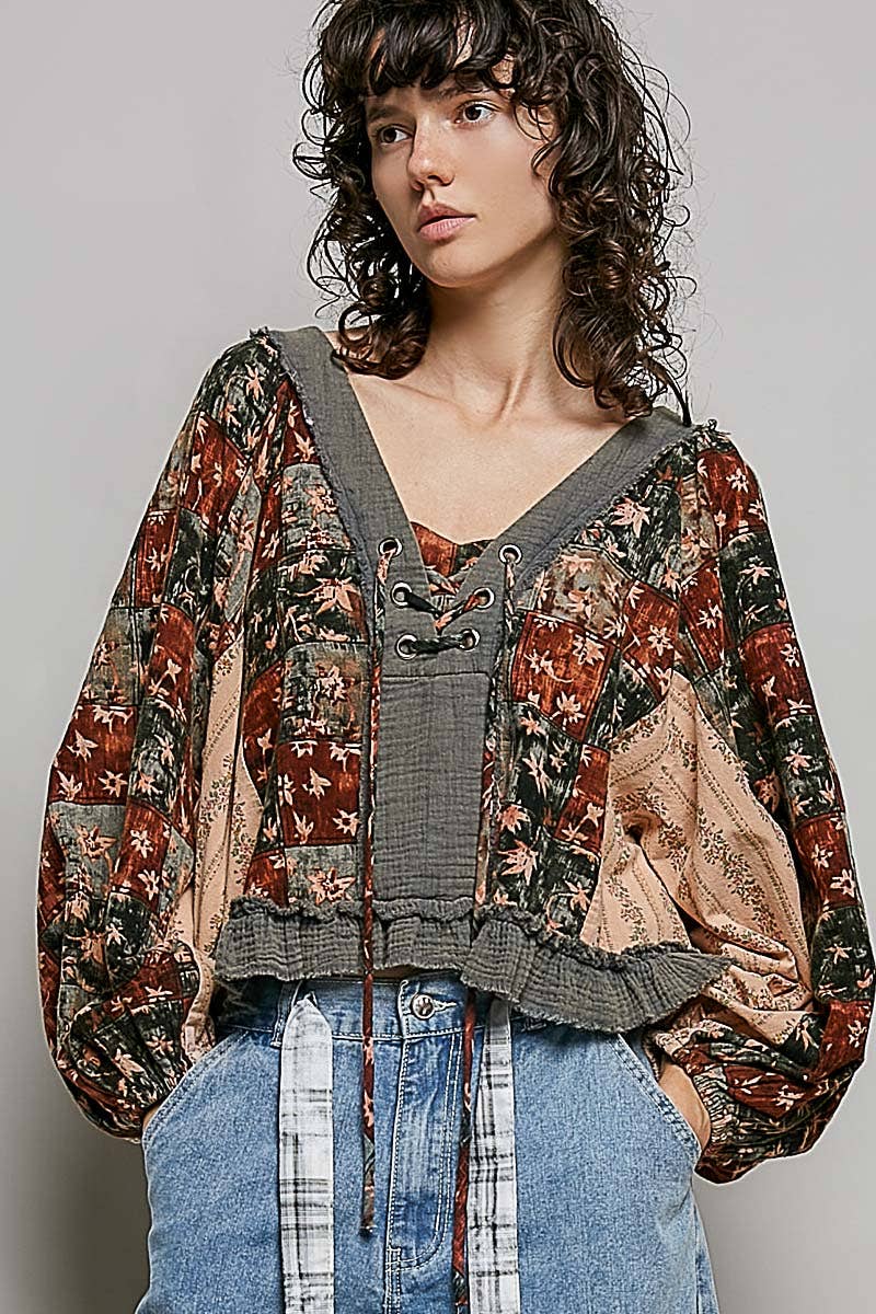 Beige/Peach Multi Color V Neck Balloon Sleeve Top