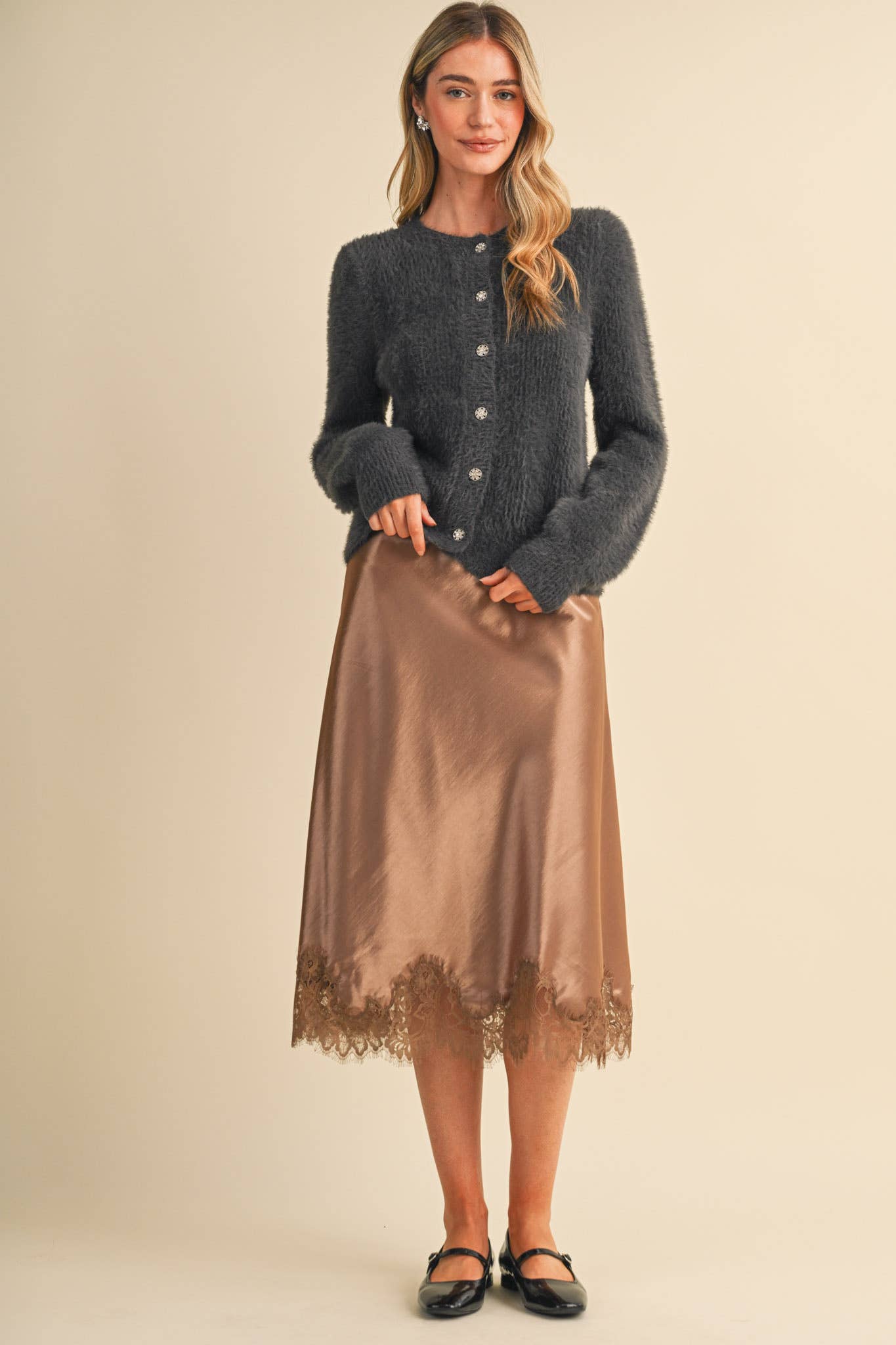 Espresso Satin Midi Slip Skirt with Lace Hem
