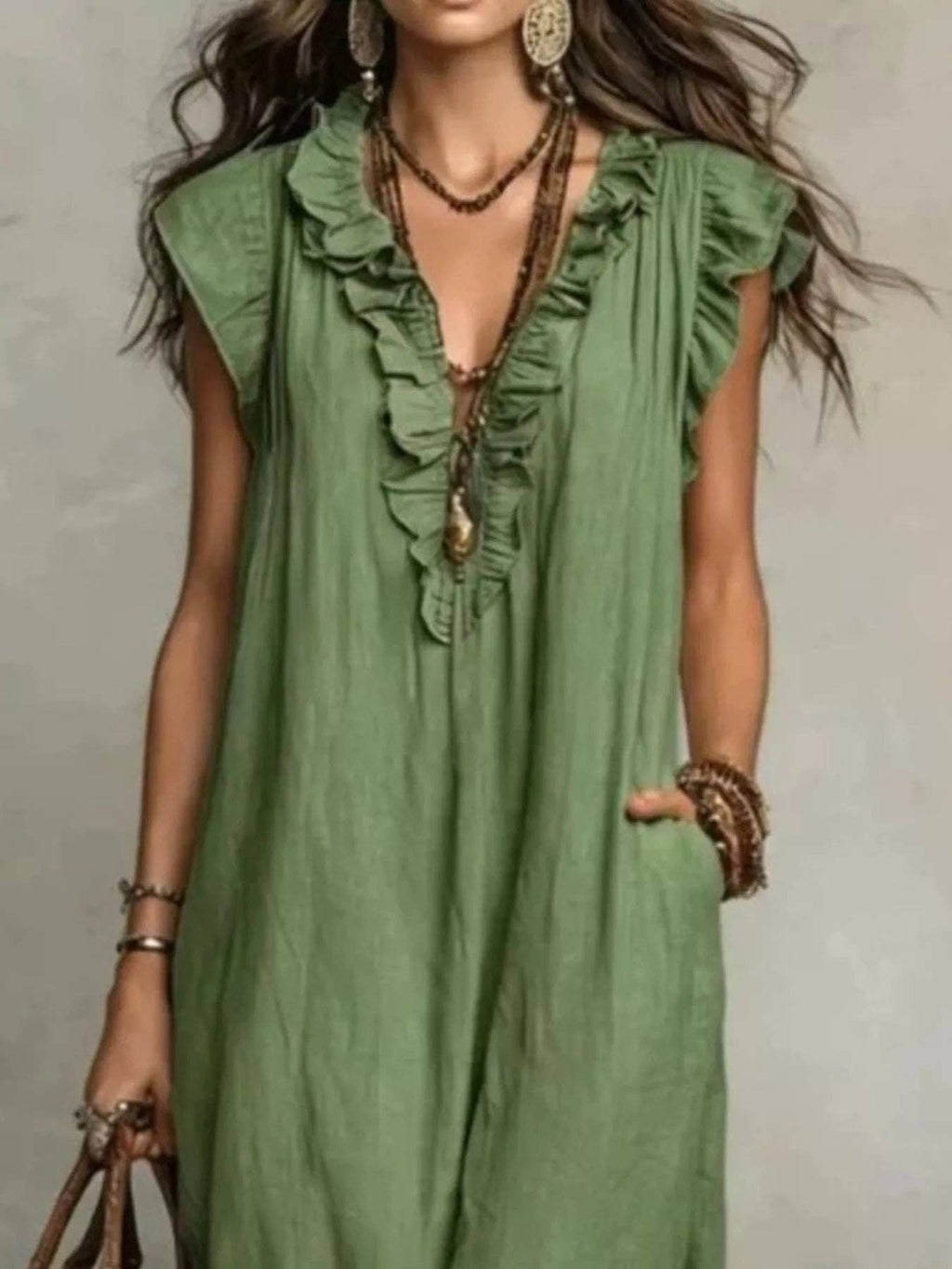 Full Size Ruffled V-Neck Cap Sleeve Maxi Dress Plus Size