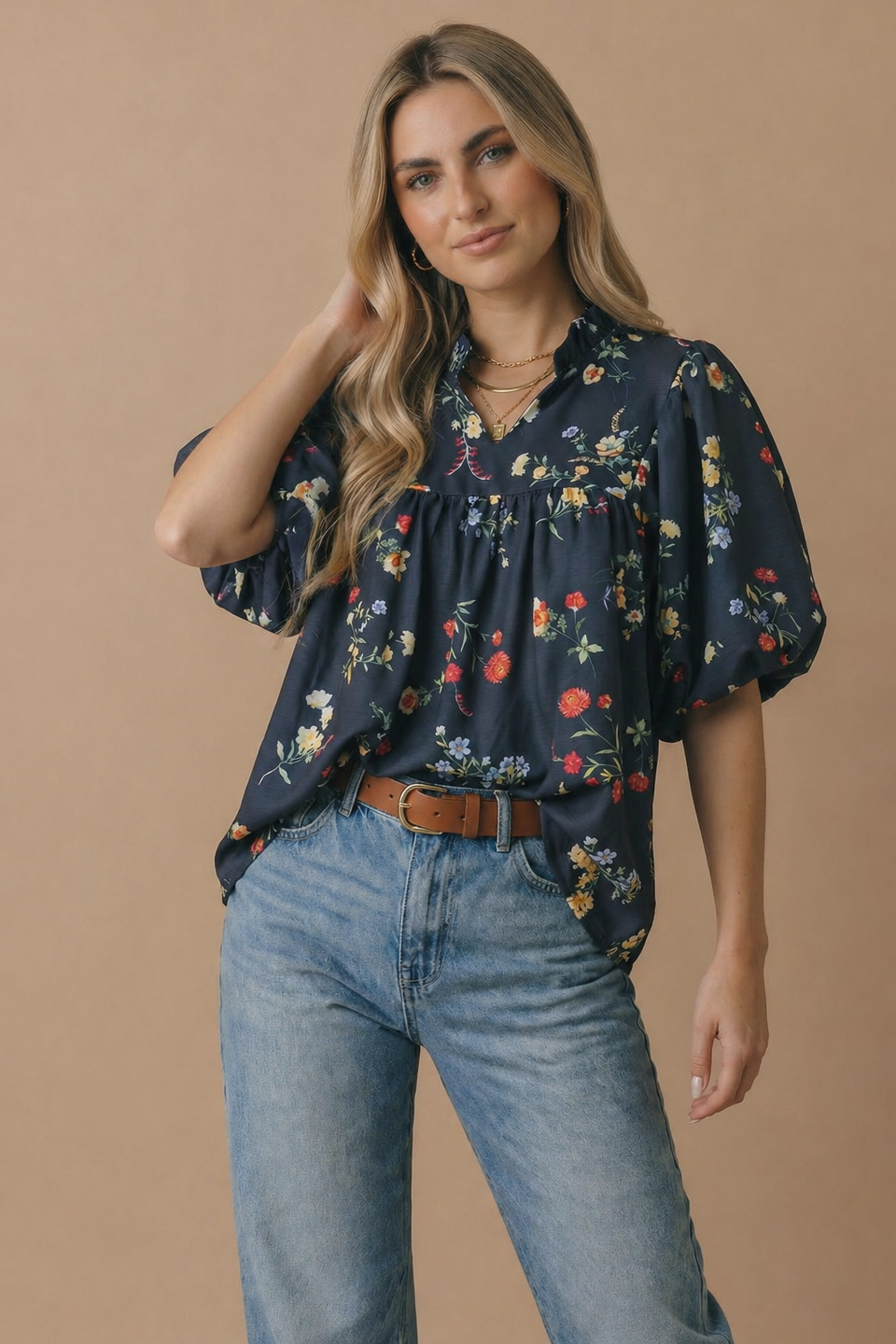 Plus Notch Neck Floral Empire Waist Woven Top