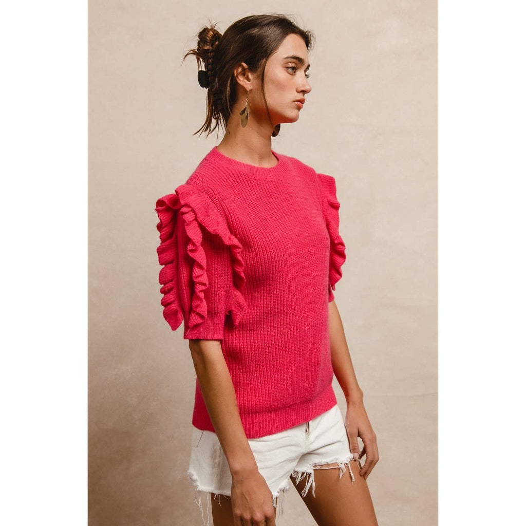 SOLID KNIT RUFFLED SLEEVES TOP