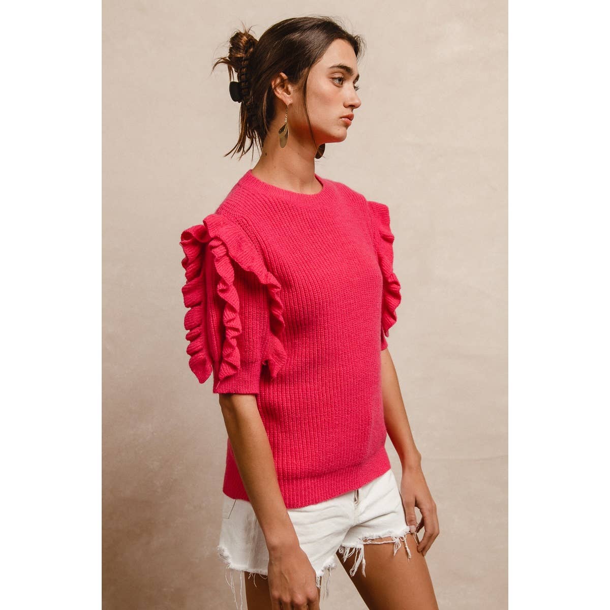 SOLID KNIT RUFFLED SLEEVES TOP