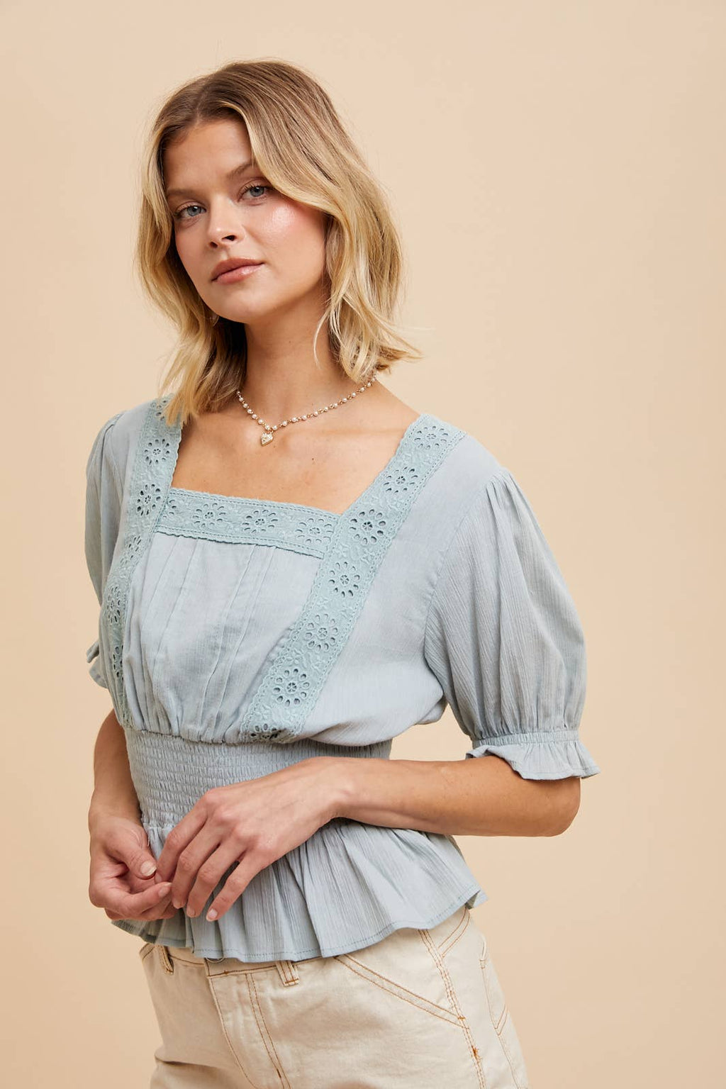 Dusty Sage Eyelet Square Neck Puff Sleeve Blouse