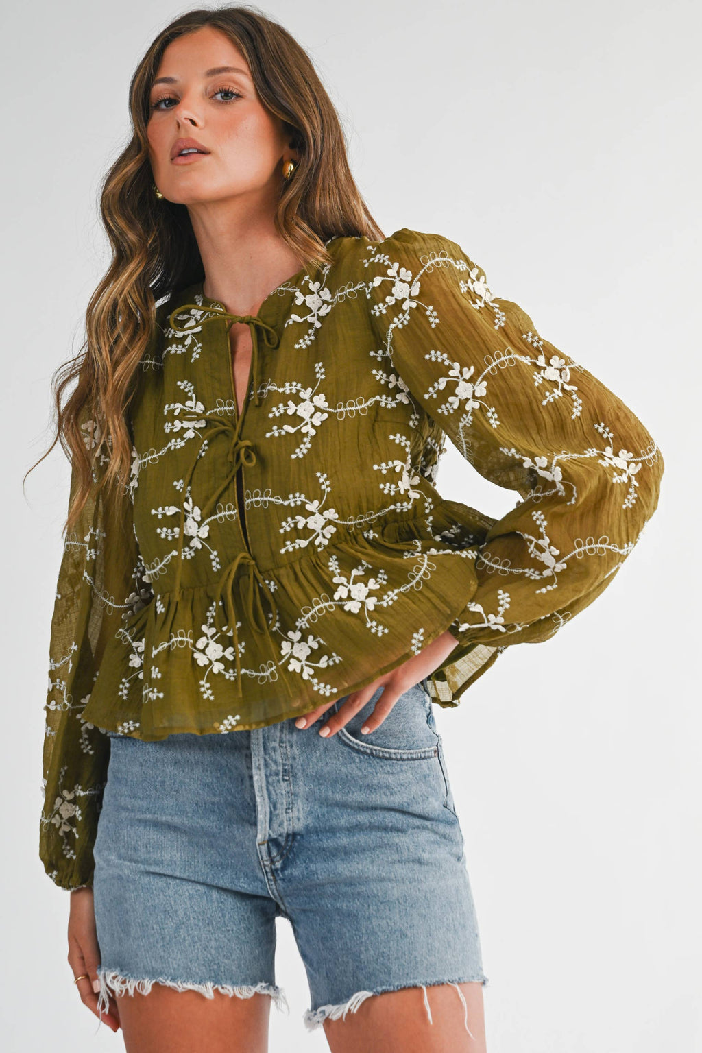 Olive Floral Tie Front Peplum