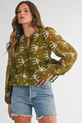 Olive Floral Tie Front Peplum