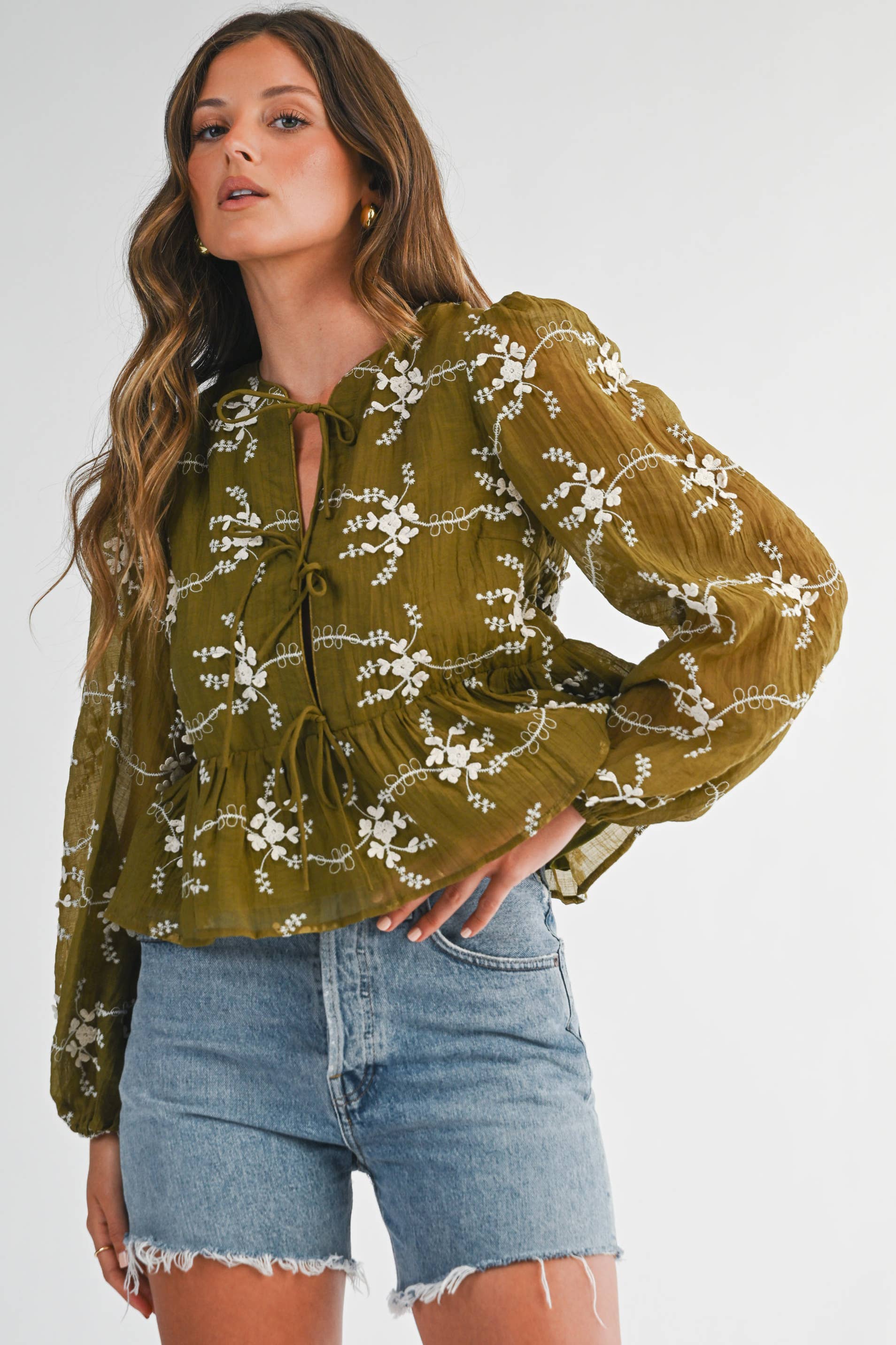 Olive Floral Tie Front Peplum