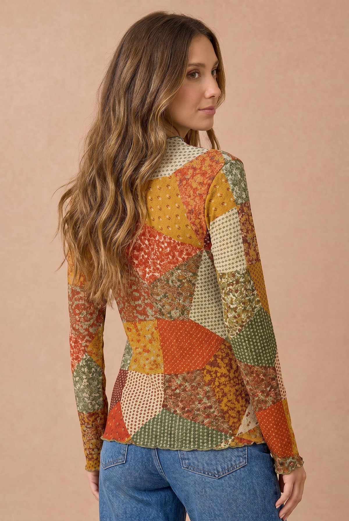 Plus Floral Patchwork Thermal Mock Neck Frill Top