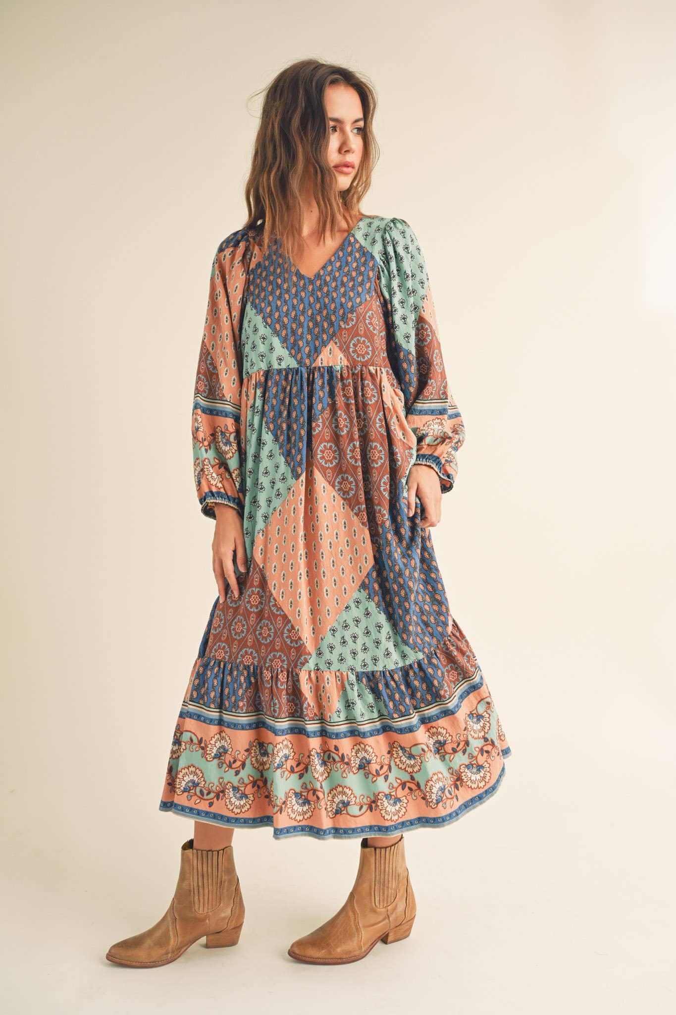 Rust Multi Color Printed Balloon Sleeve Mid Length Dress