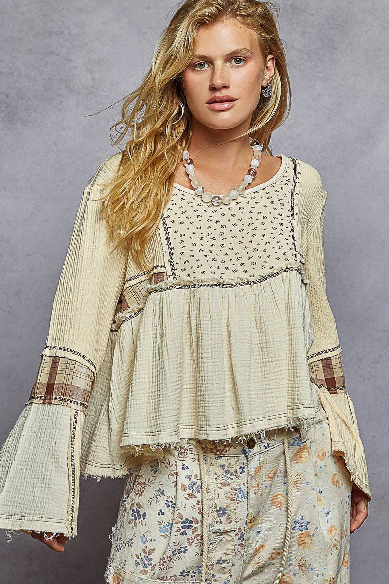 Cream Long Sleeve Plaid Contrast Double Gauze Woven Top