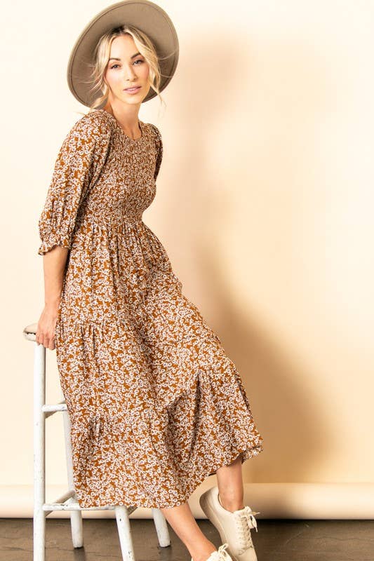 Vintage Floral Smocked Tiered Midi Dress with Pockets