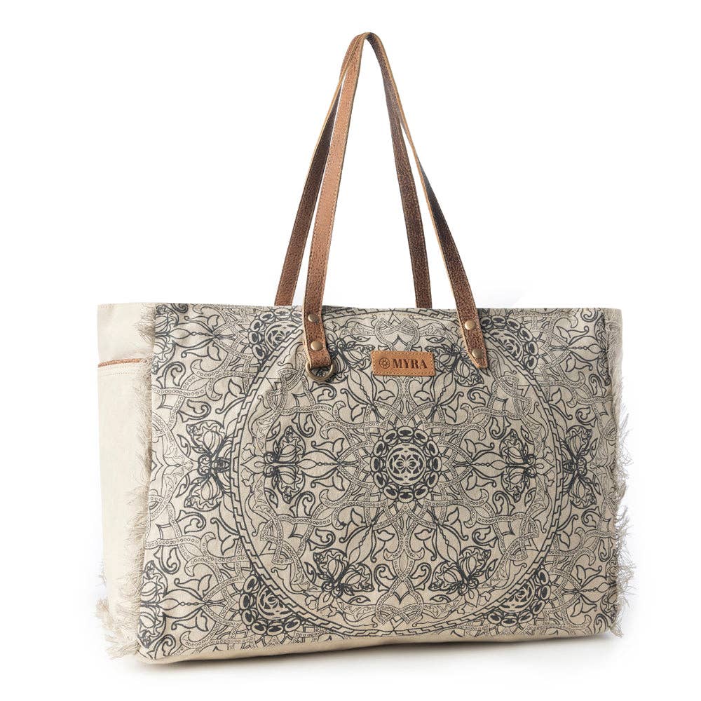 Wildmandala Weekender Bag for Women in ivory with vintage print detail