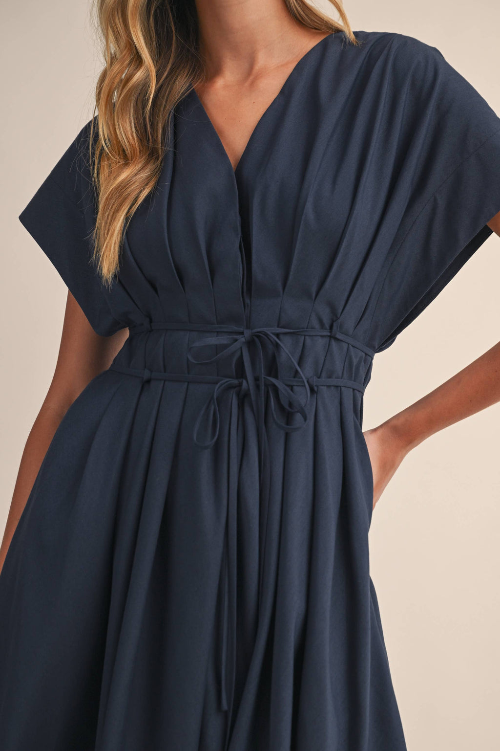Navy Pleated Belt Mid Length Dress