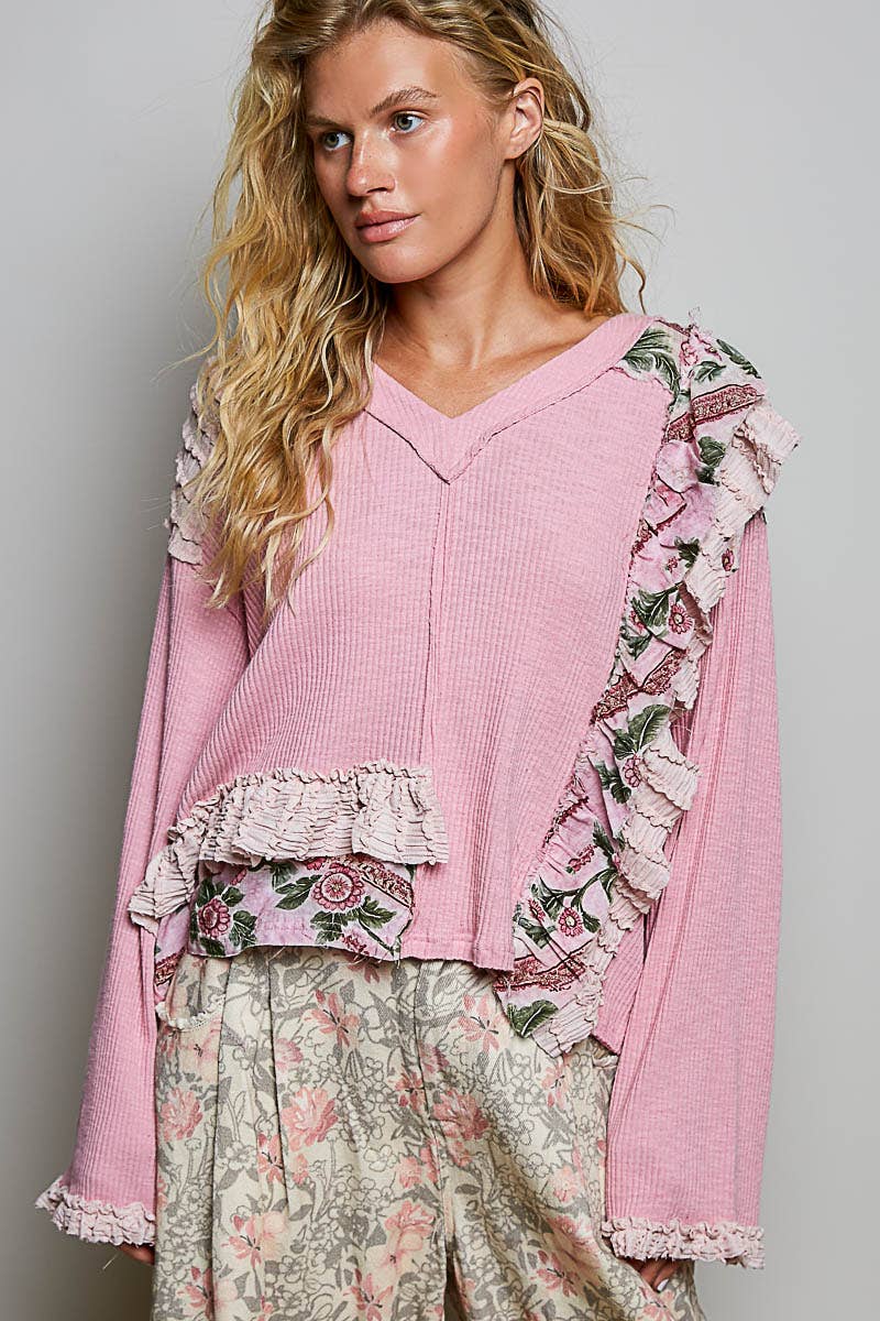 Floral Ruffle Trim Textured Ribbed Long Sleeve Knit Top