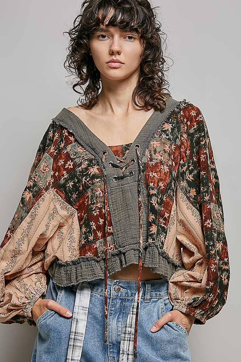 Beige/Peach Multi Color V Neck Balloon Sleeve Top