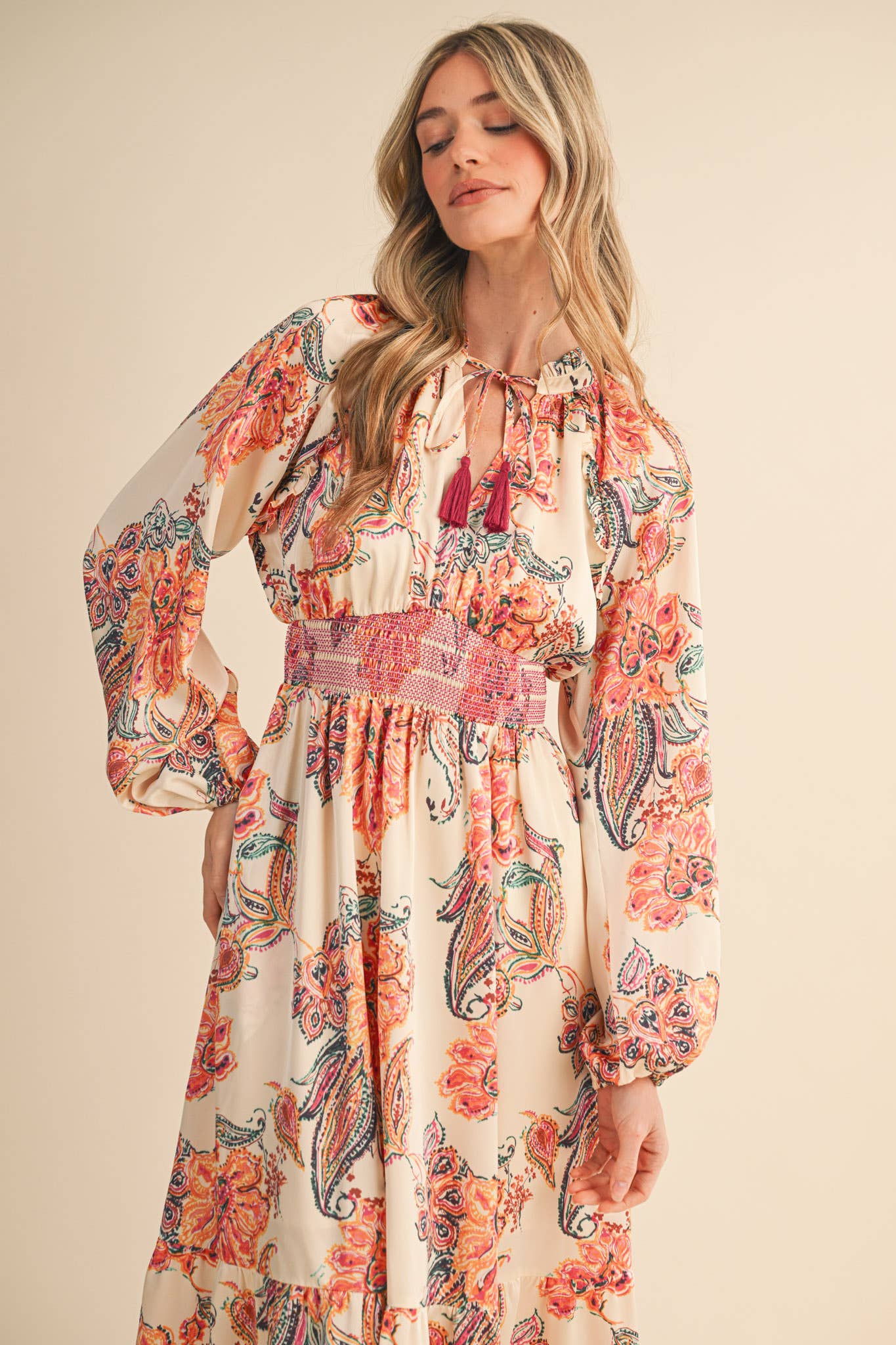 Cream Paisley Dress with Smocked Detail