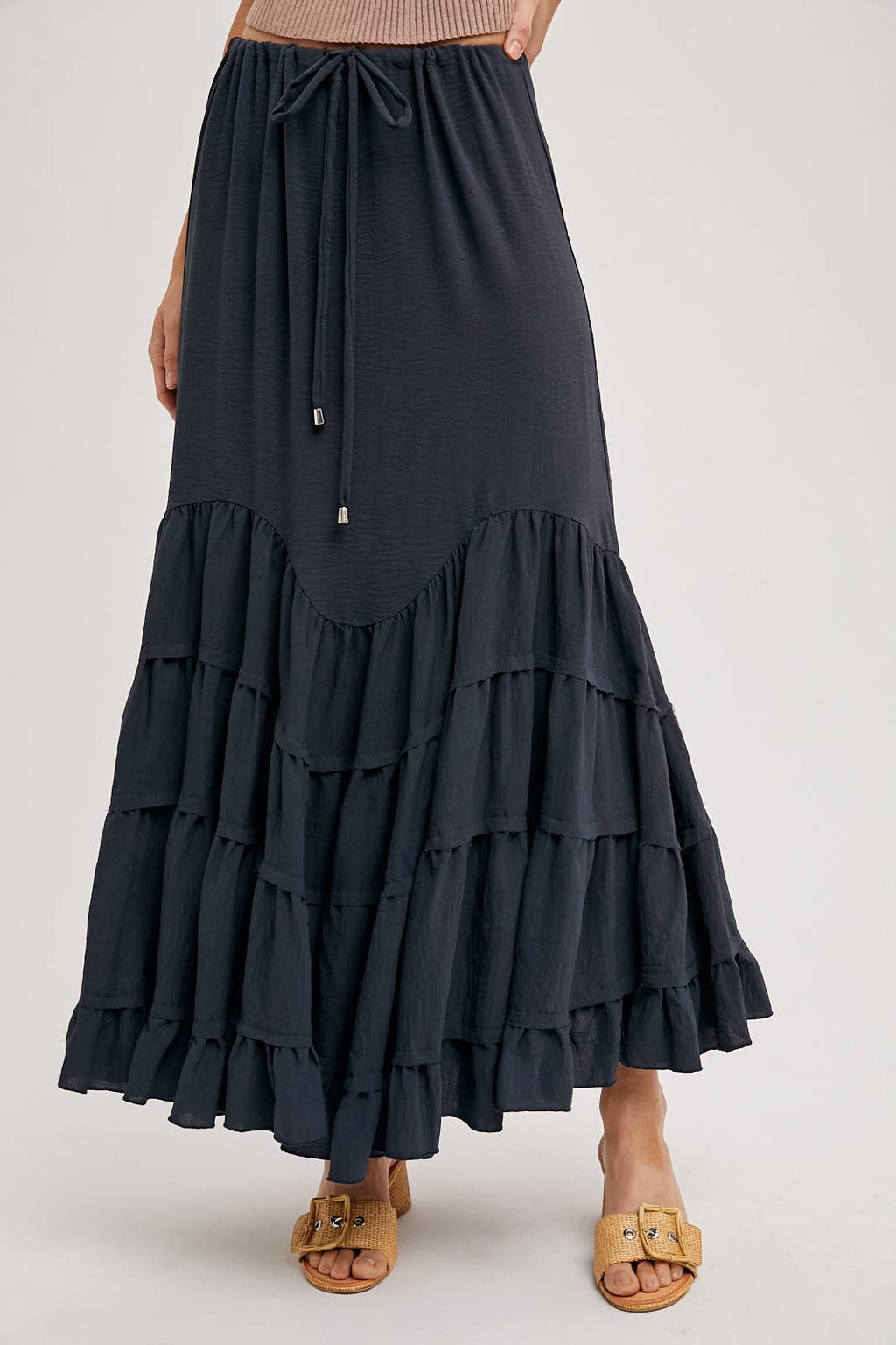 RUFFLED DRAWSTRING WASIT MAXI SKIRT WITH LINING