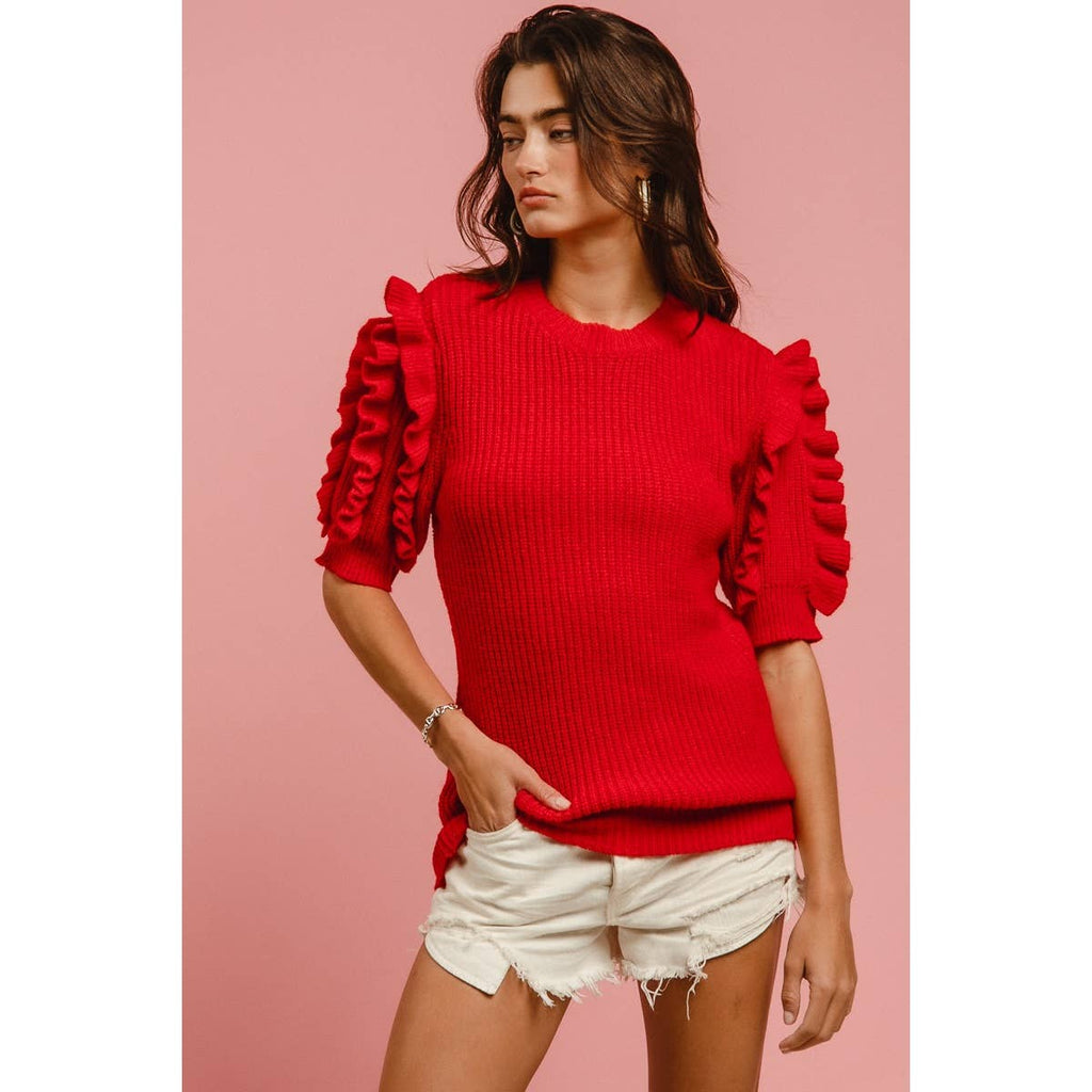 SOLID KNIT RUFFLED SLEEVES TOP