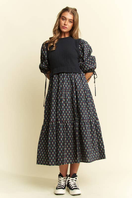 Floral Print Mixed Media Tiered Midi Dress