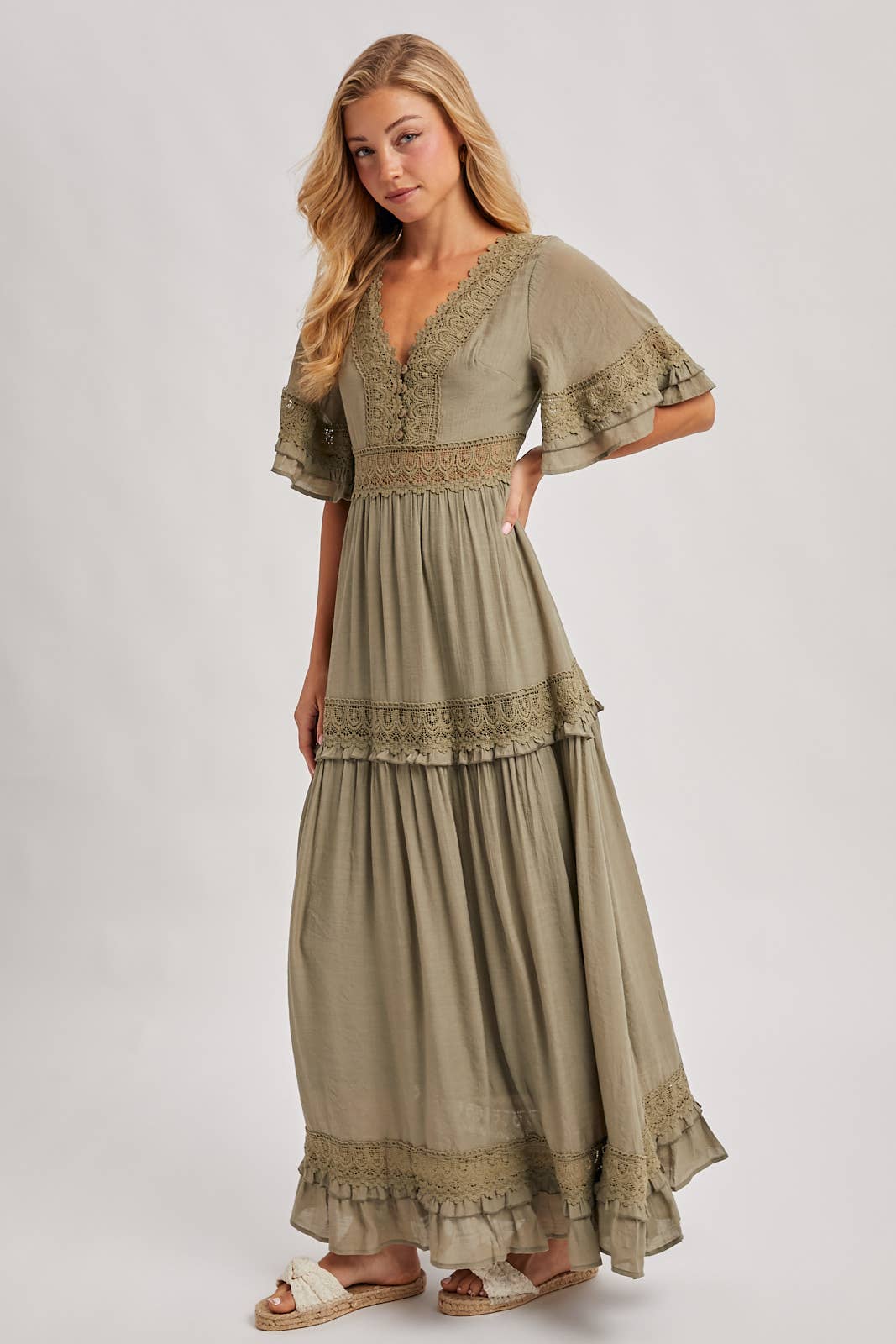 Lace V Neck Maxi Dress with Ruffle Sleeves (Olive & Ivory)