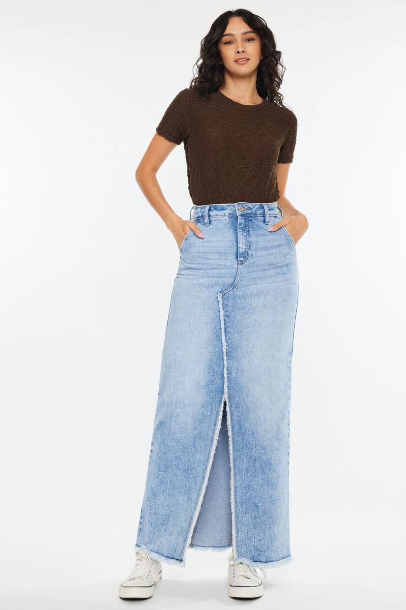 Medium Wash High Waisted Maxi Skirt with Front Slit - Kan Can