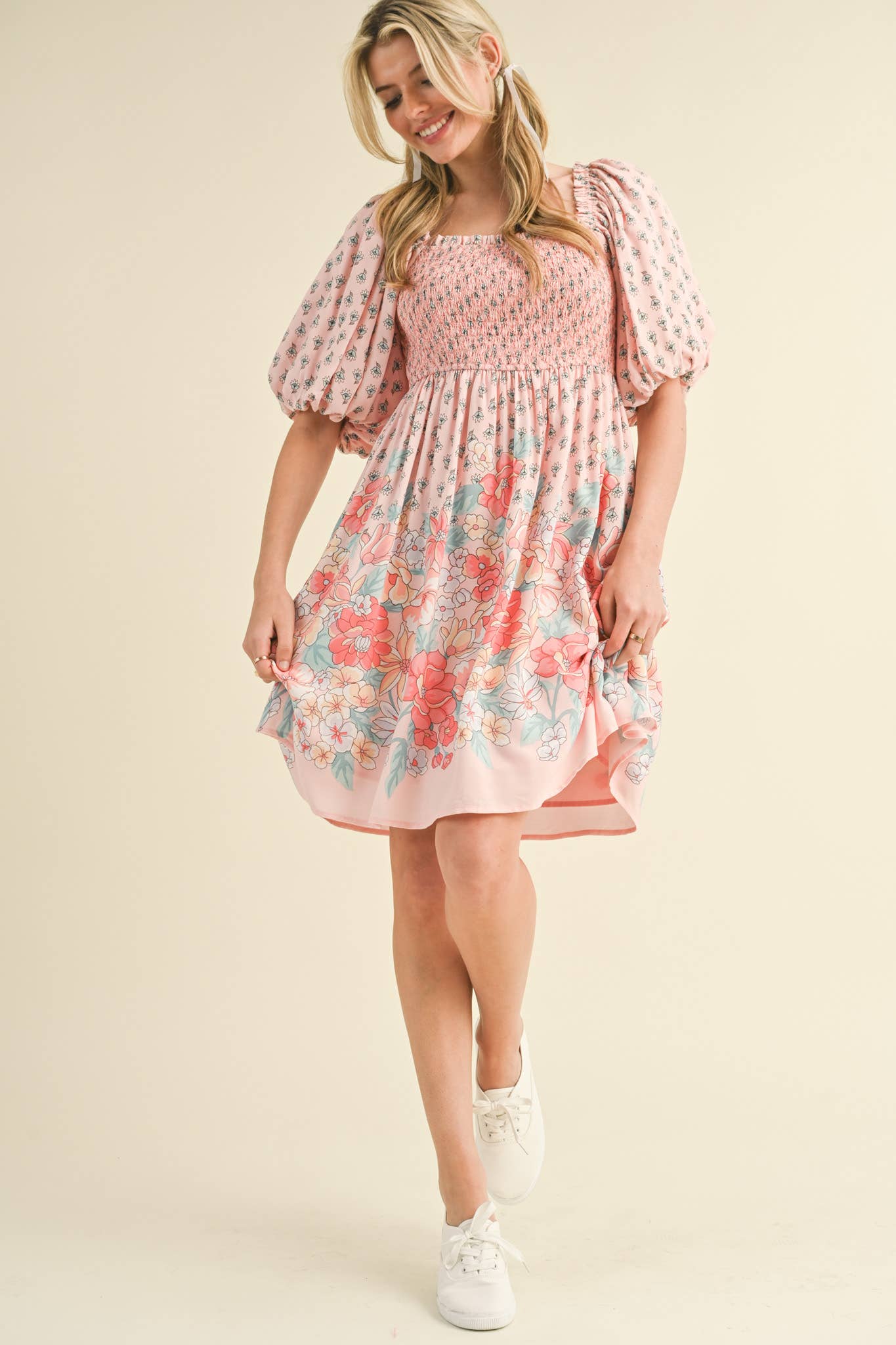 Pink/Peach Floral Smocked Knee Length Dress with Puff Sleeves