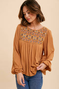 Embroidered Caramel Tie Back Blouse