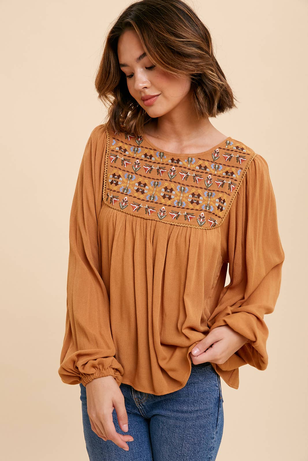 Embroidered Caramel Tie Back Blouse