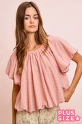 STRIPES TEXTURED SHIRRED NECKLINE BUBBLE HEM TOP