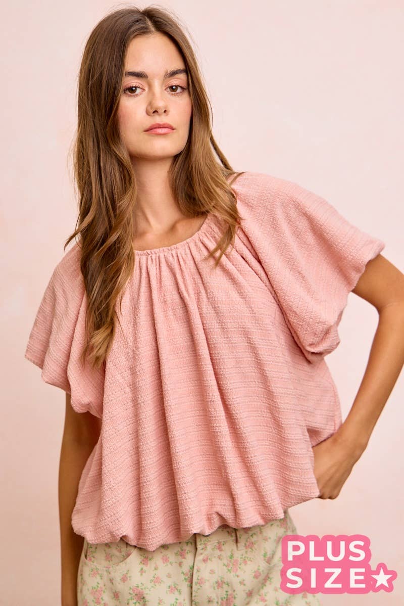 STRIPES TEXTURED SHIRRED NECKLINE BUBBLE HEM TOP