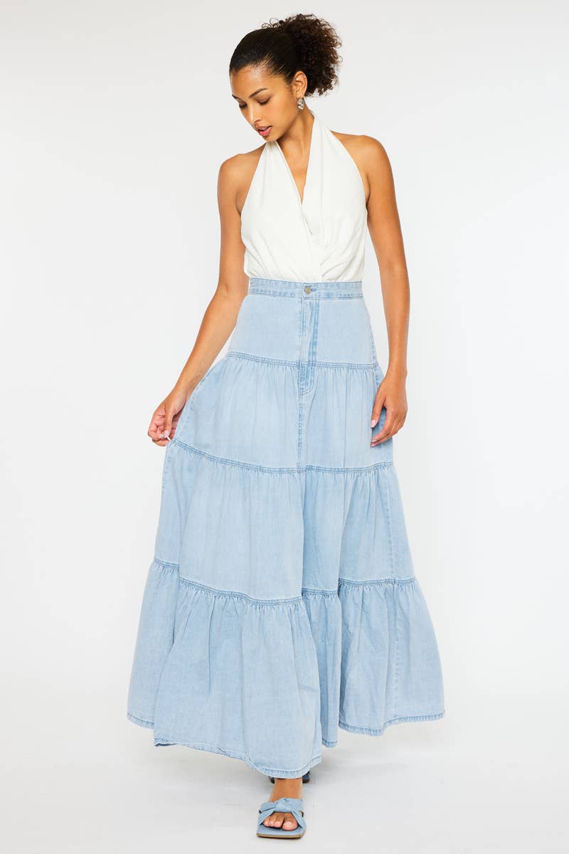 Light Wash Tiered Maxi Skirt - Kan Can