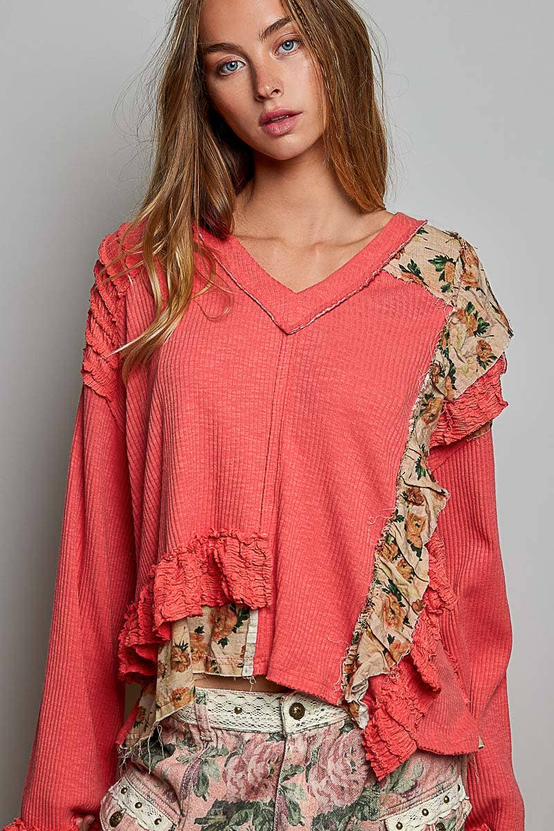 Floral Ruffle Trim Textured Ribbed Long Sleeve Knit Top