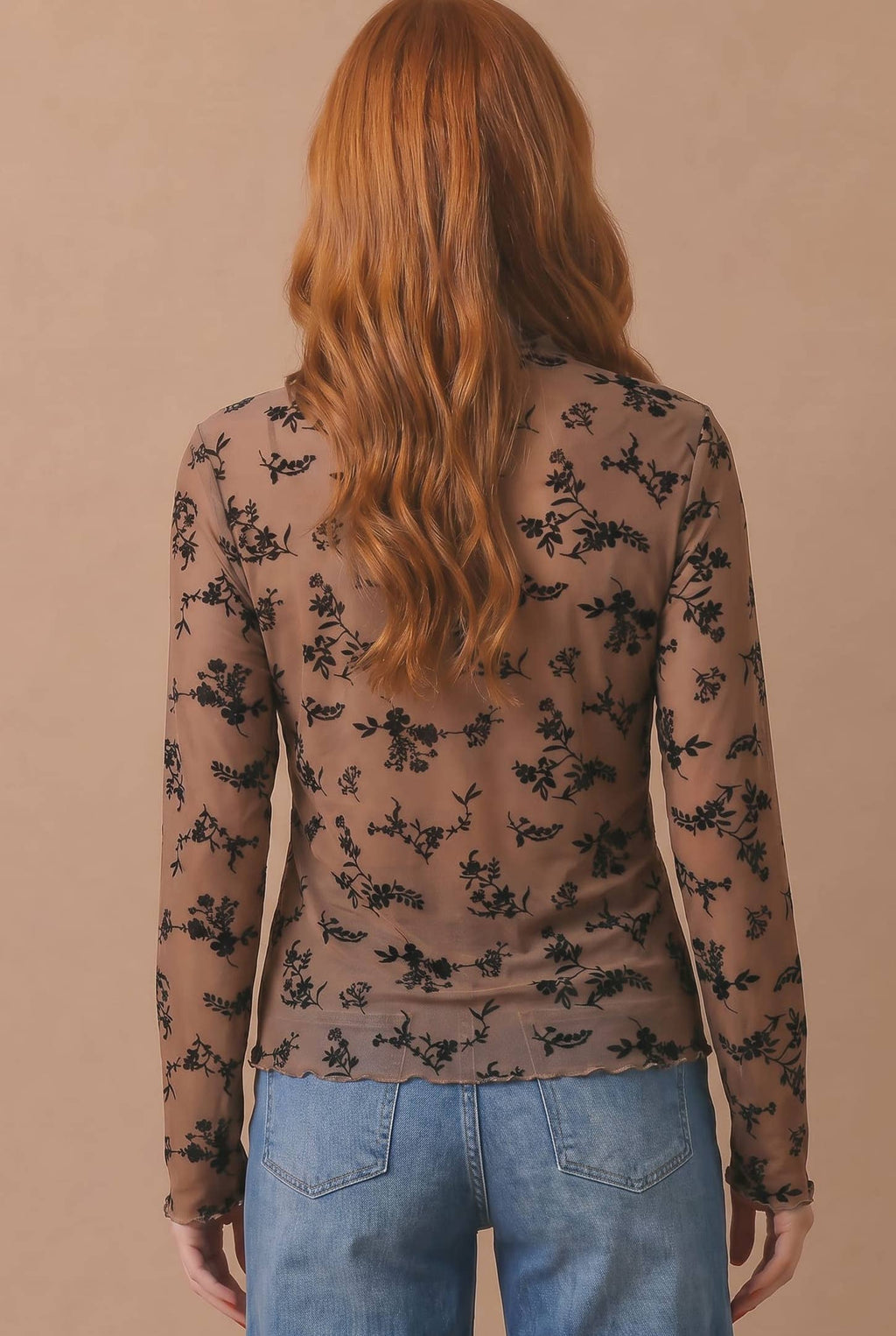 Plus Velvet Flocking Floral Mesh Top