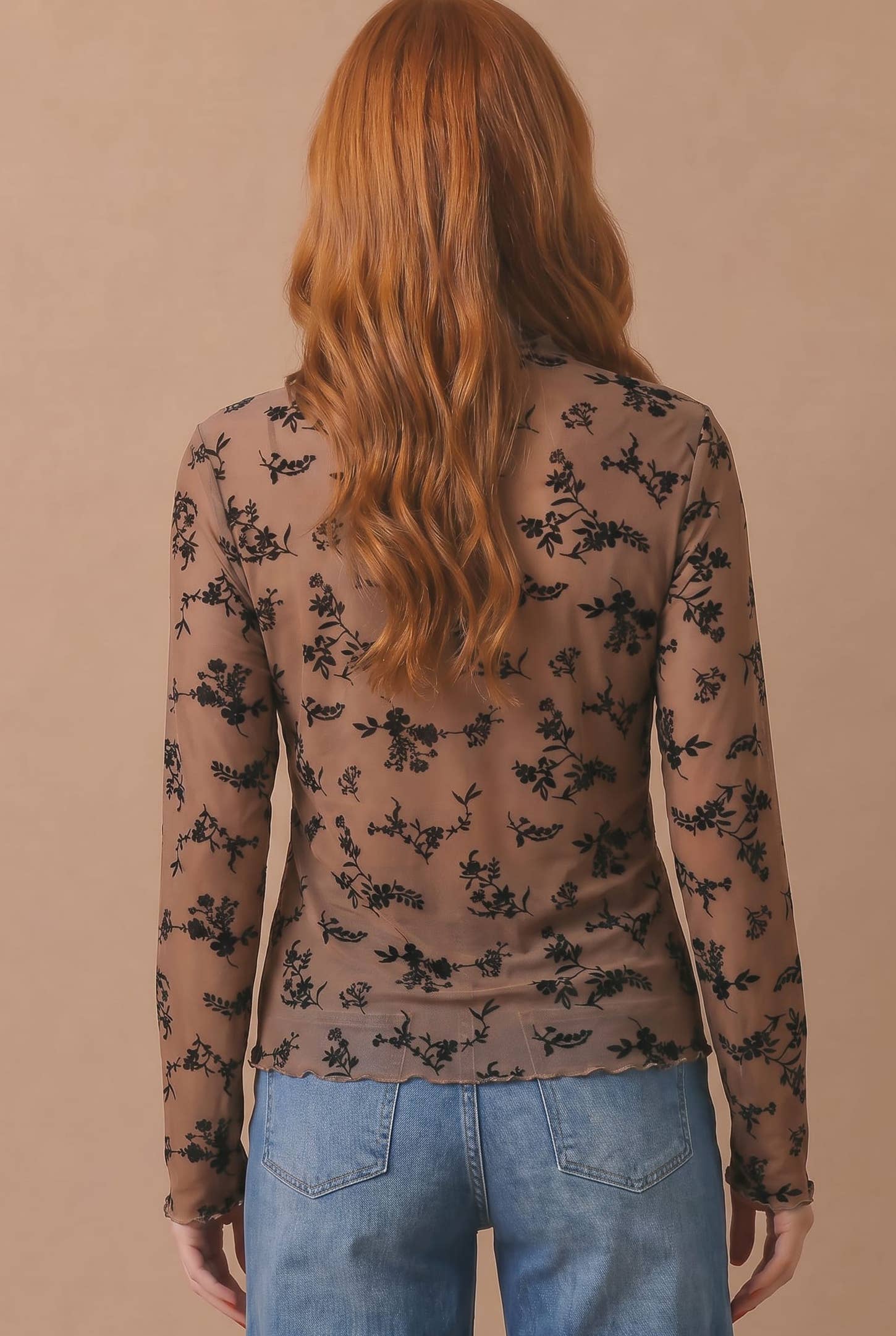 Plus Velvet Flocking Floral Mesh Top