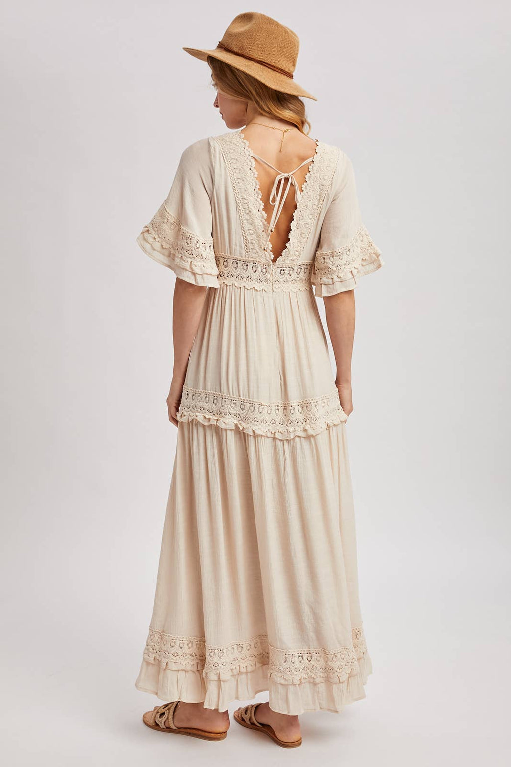 Lace V Neck Maxi Dress with Ruffle Sleeves (Olive & Ivory)