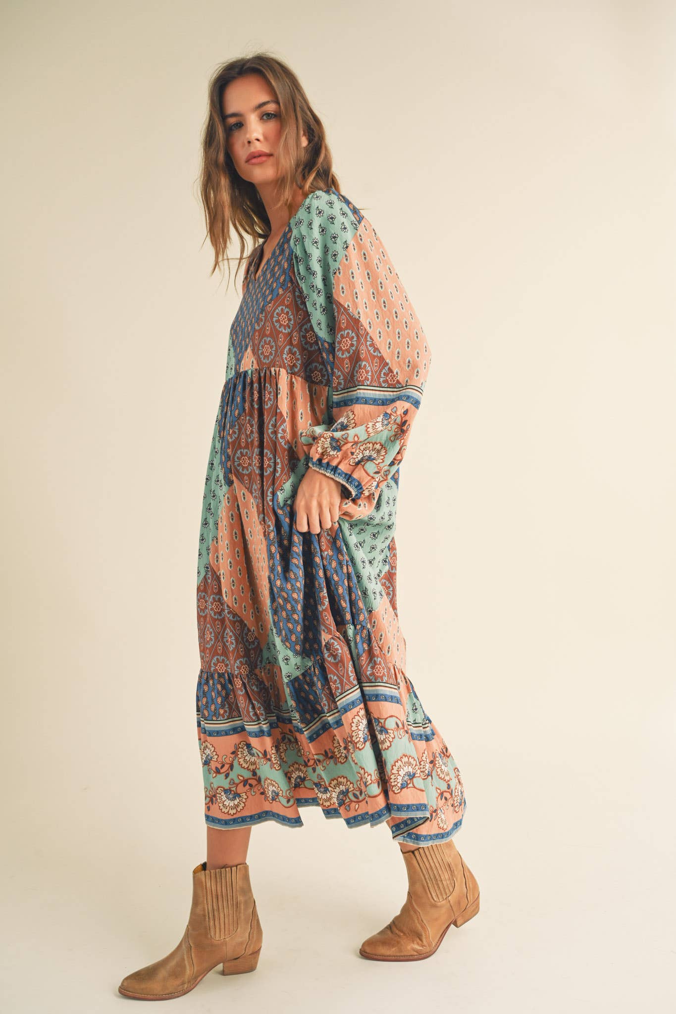 Rust Multi Color Printed Balloon Sleeve Mid Length Dress