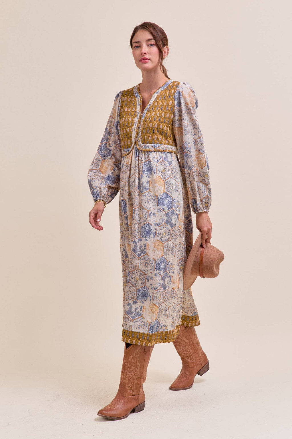 Mustard/Blue Quilted Vest Midi Length Dress